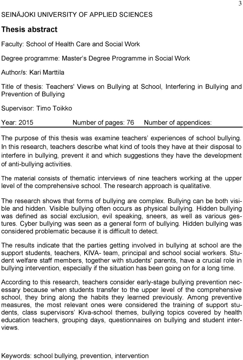 thesis was examine teachers experiences of school bullying.