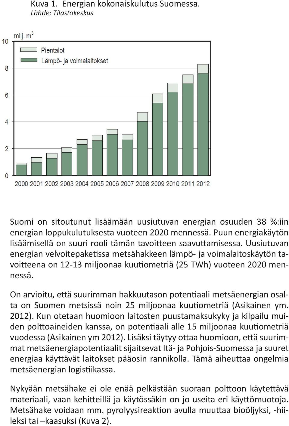 Uusiutuvan energian velvoitepaketissa metsähakkeen lämpö- ja voimalaitoskäytön tavoitteena on 12-13 miljoonaa kuutiometriä (25 TWh) vuoteen 2020 mennessä.