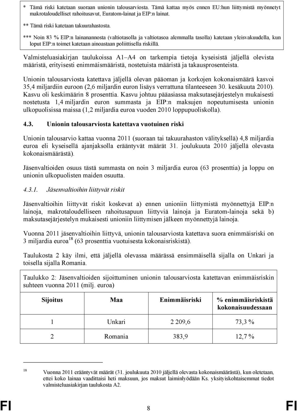 *** Noin 83 % EIP:n lainanannosta (valtiotasolla ja valtiotasoa alemmalla tasolla) katetaan yleisvakuudella, kun loput EIP:n toimet katetaan ainoastaan poliittisella riskillä.