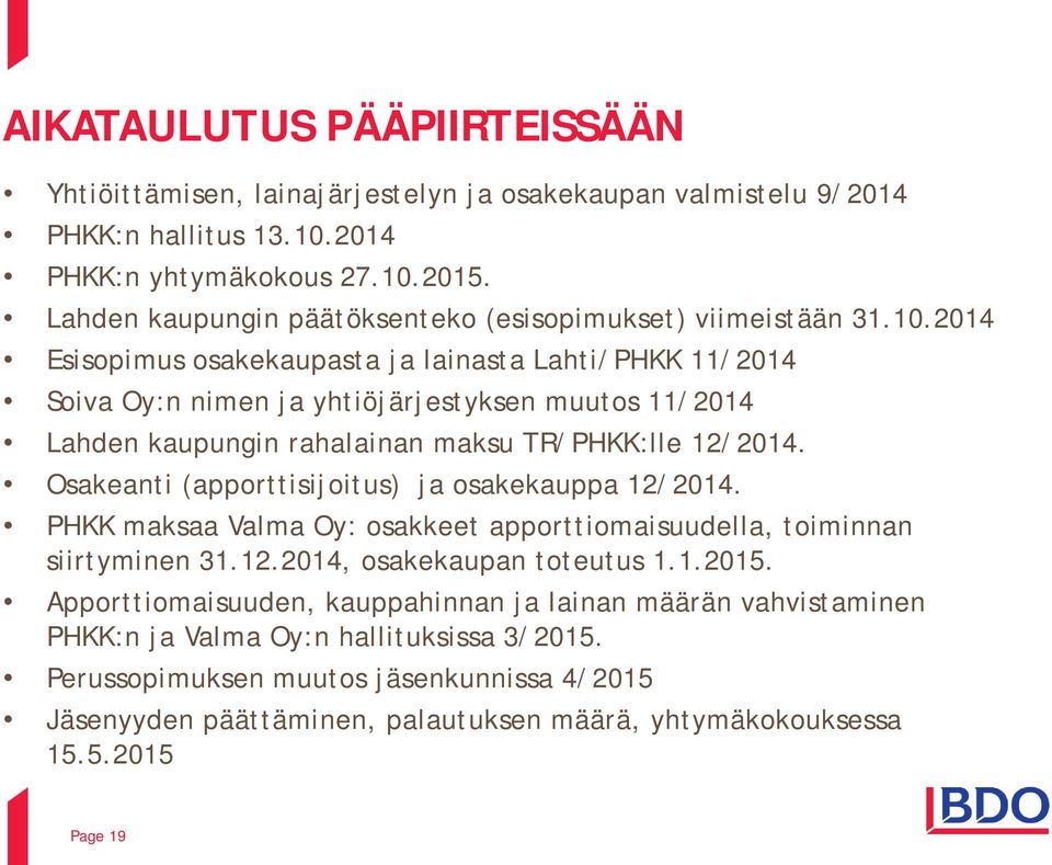 2014 Esisopimus osakekaupasta ja lainasta Lahti/PHKK 11/2014 Soiva Oy:n nimen ja yhtiöjärjestyksen muutos 11/2014 Lahden kaupungin rahalainan maksu TR/PHKK:lle 12/2014.