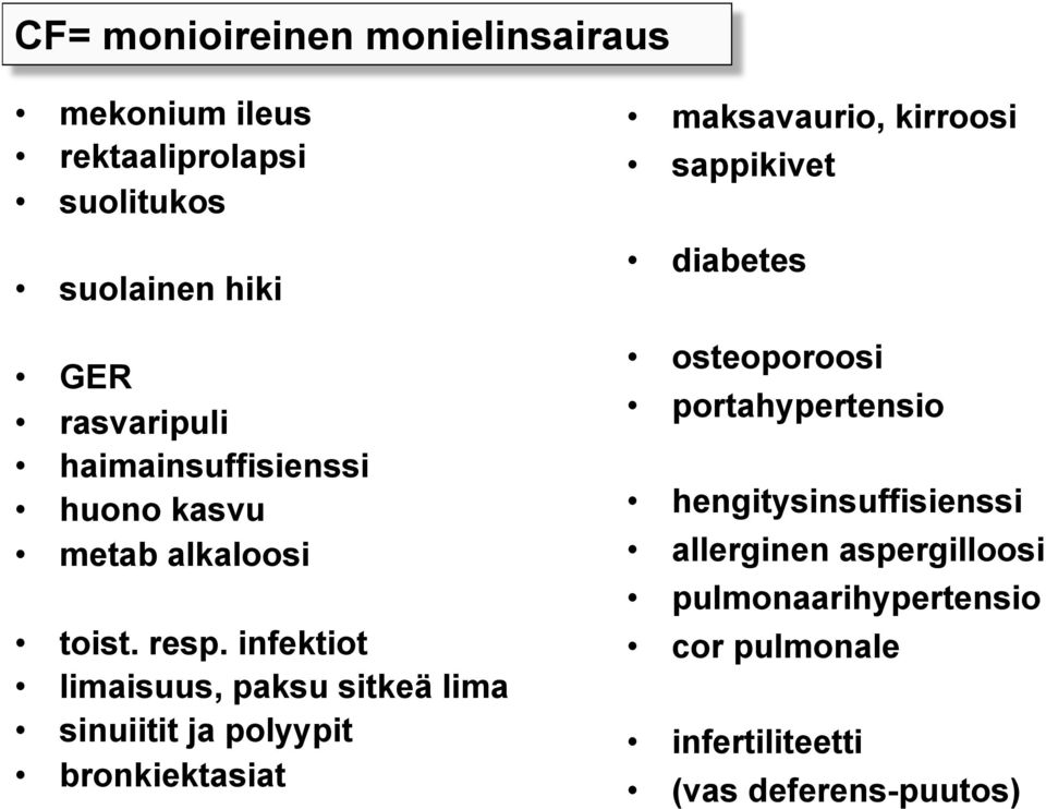 infektiot limaisuus, paksu sitkeä lima sinuiitit ja polyypit bronkiektasiat maksavaurio, kirroosi sappikivet