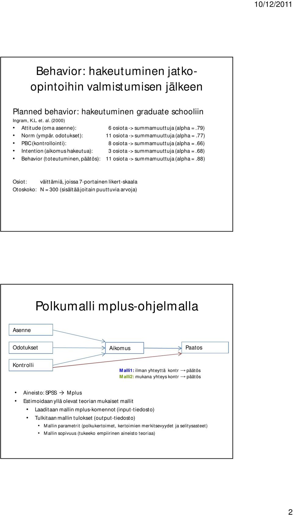 68) Behavior (toteutuminen, päätös): 11 osiota -> summamuuttuja (alpha =.