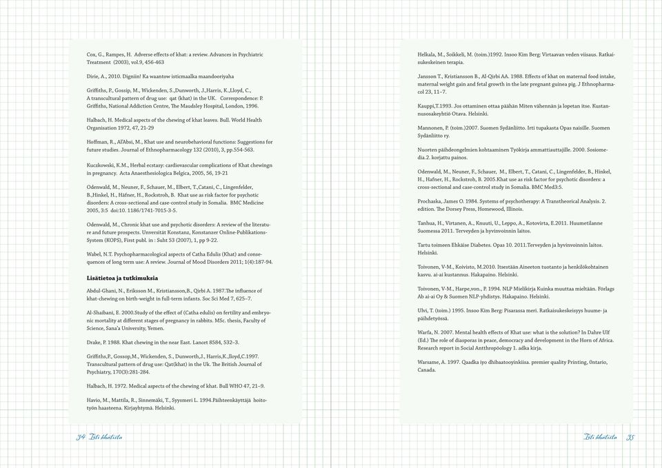 Griffiths, National Addiction Centre, The Maudsley Hospital, London, 1996. Halbach, H. Medical aspects of the chewing of khat leaves. Bull. World Health Organisation 1972, 47, 21-29 Hoffman, R.