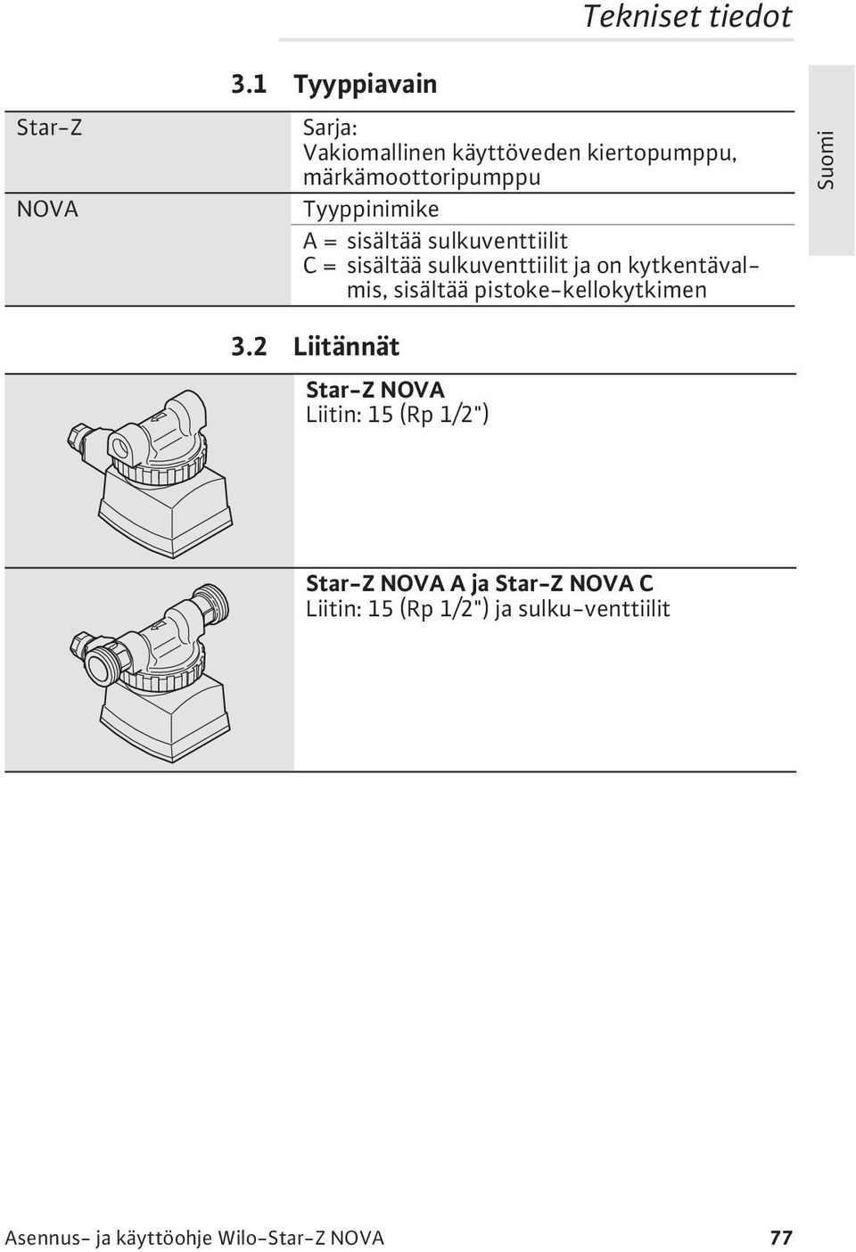 sisältää sulkuventtiilit C = sisältää sulkuventtiilit ja on kytkentävalmis, sisältää