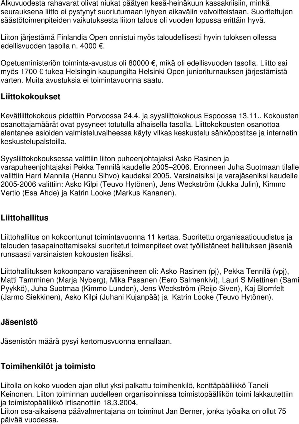 Liiton järjestämä Finlandia Open onnistui myös taloudellisesti hyvin tuloksen ollessa edellisvuoden tasolla n. 4000. Opetusministeriön toiminta-avustus oli 80000, mikä oli edellisvuoden tasolla.