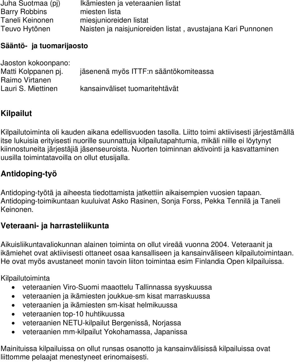 Miettinen jäsenenä myös ITTF:n sääntökomiteassa kansainväliset tuomaritehtävät Kilpailut Kilpailutoiminta oli kauden aikana edellisvuoden tasolla.