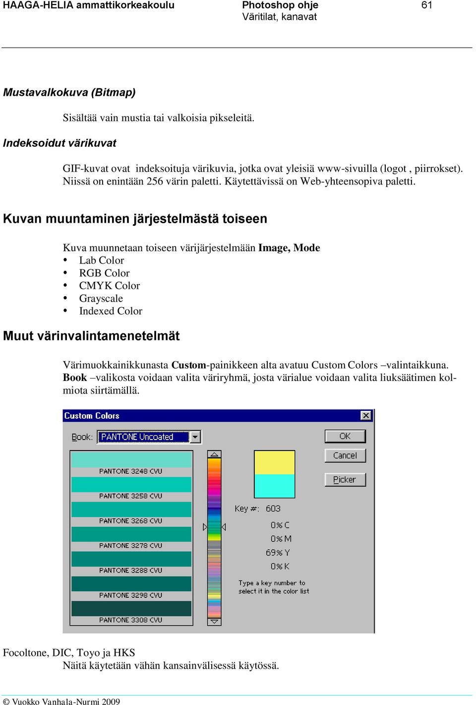 Kuvan muuntaminen järjestelmästä toiseen Kuva muunnetaan toiseen värijärjestelmään Image, Mode Lab Color RGB Color CMYK Color Grayscale Indexed Color Muut värinvalintamenetelmät
