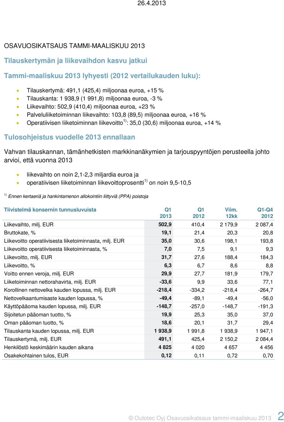 liiketoiminnan liikevoitto 1) : 35,0 (30,6) miljoonaa euroa, +14 % Tulosohjeistus vuodelle 2013 ennallaan Vahvan tilauskannan, tämänhetkisten markkinanäkymien ja tarjouspyyntöjen perusteella johto