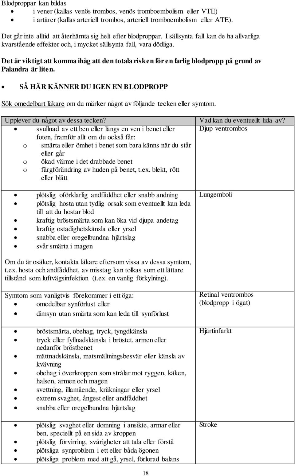 Det är viktigt att komma ihåg att den totala risken för en farlig blodpropp på grund av Palandra är liten.