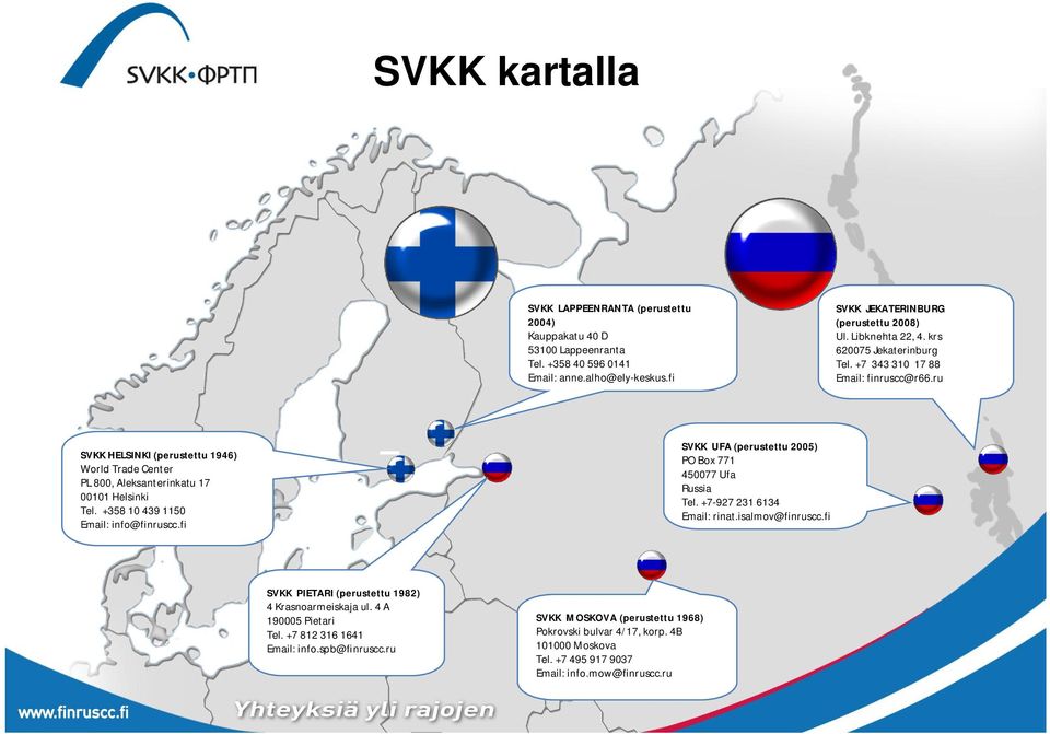 +358 10 439 1150 Email: info@finruscc.fi SVKK UFA (perustettu 2005) PO Box 771 450077 Ufa Russia Tel. +7-927 231 6134 Email: rinat.isalmov@finruscc.