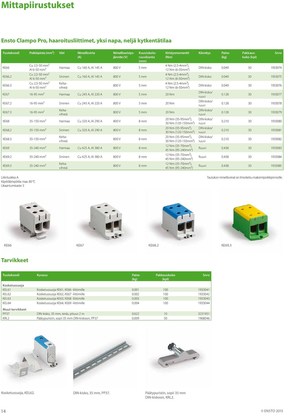 Kuusiokoloruuvikanta (mm) KE67 16-95 mm² Harmaa Cu 245 A, Al 220 A 800 V 5 mm 20 Nm KE67.2 16-95 mm² Sininen Cu 245 A, Al 220 A 800 V 5 mm 20 Nm KE67.