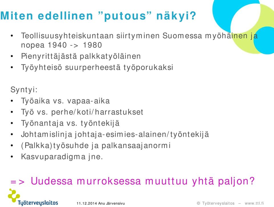 palkkatyöläinen Työyhteisö suurperheestä työporukaksi Syntyi: Työaika vs. vapaa-aika Työ vs.