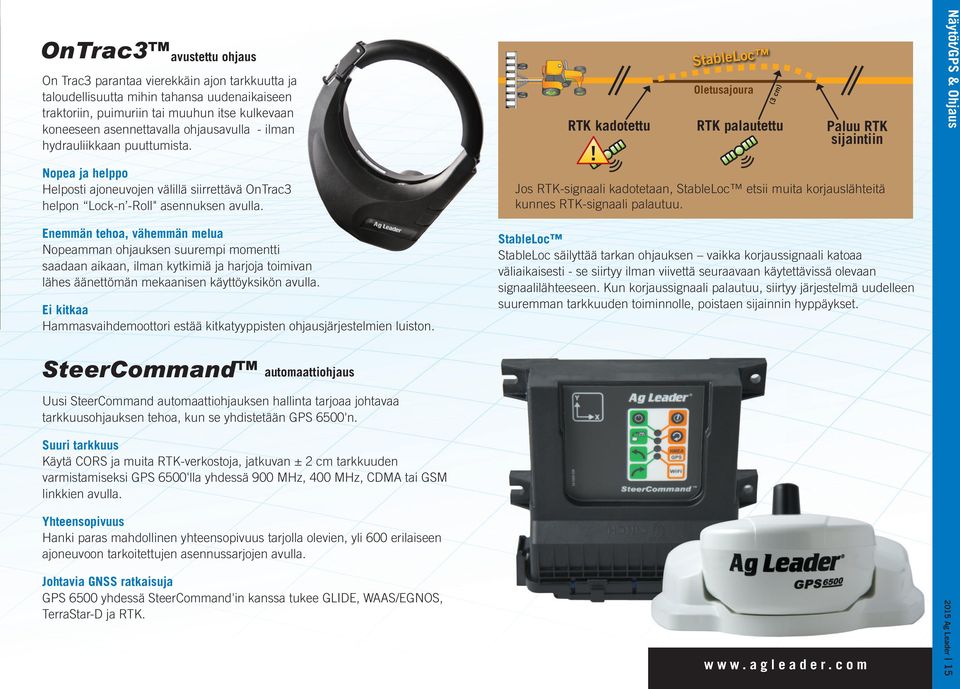 RTK kadotettu Oletusajoura RTK palautettu Paluu RTK sijaintiin Näytöt/GPS & Ohjaus Nopea ja helppo Helposti ajoneuvojen välillä siirrettävä OnTrac3 helpon Lock-n -Roll" asennuksen avulla.