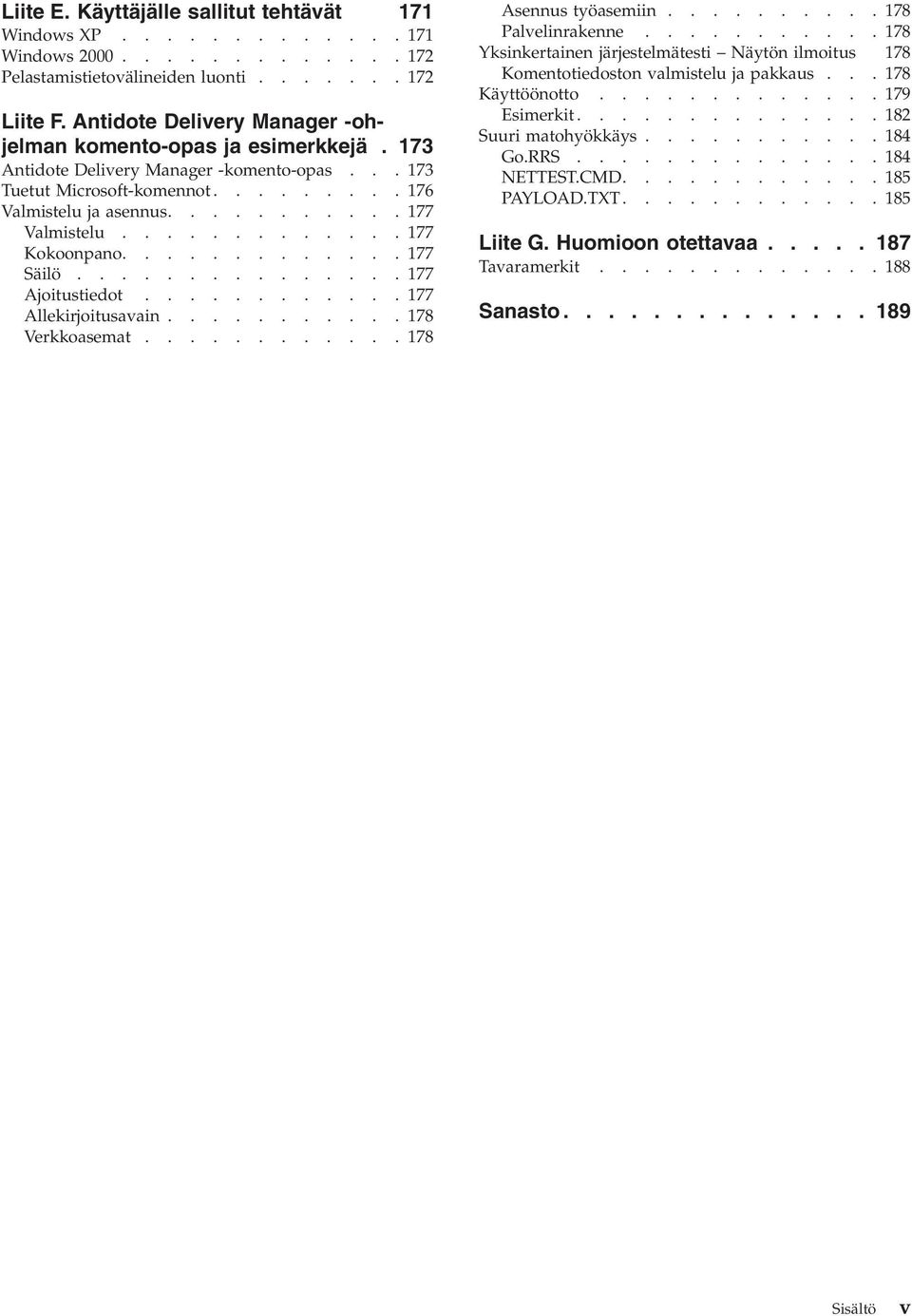 ............ 177 Kokoonpano............. 177 Säilö............... 177 Ajoitustiedot............ 177 Allekirjoitusaain........... 178 Verkkoasemat............ 178 Asennus työasemiin.