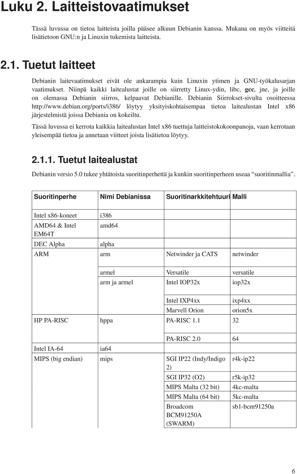 Niinpä kaikki laitealustat joille on siirretty Linux-ydin, libc, gcc, jne, ja joille on olemassa Debianin siirros, kelpaavat Debianille. Debianin Siirrokset-sivulta osoitteessa http://www.debian.