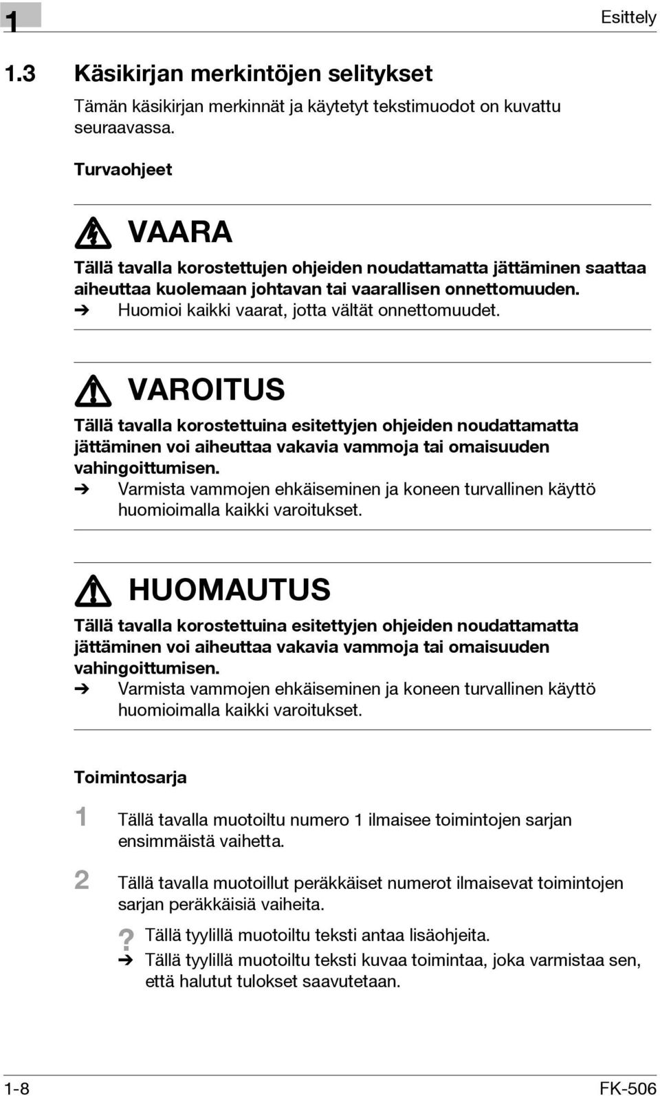 % Huomioi kaikki vaarat, jotta vältät onnettomuudet. 7 VAROITUS Tällä tavalla korostettuina esitettyjen ohjeiden noudattamatta jättäminen voi aiheuttaa vakavia vammoja tai omaisuuden vahingoittumisen.