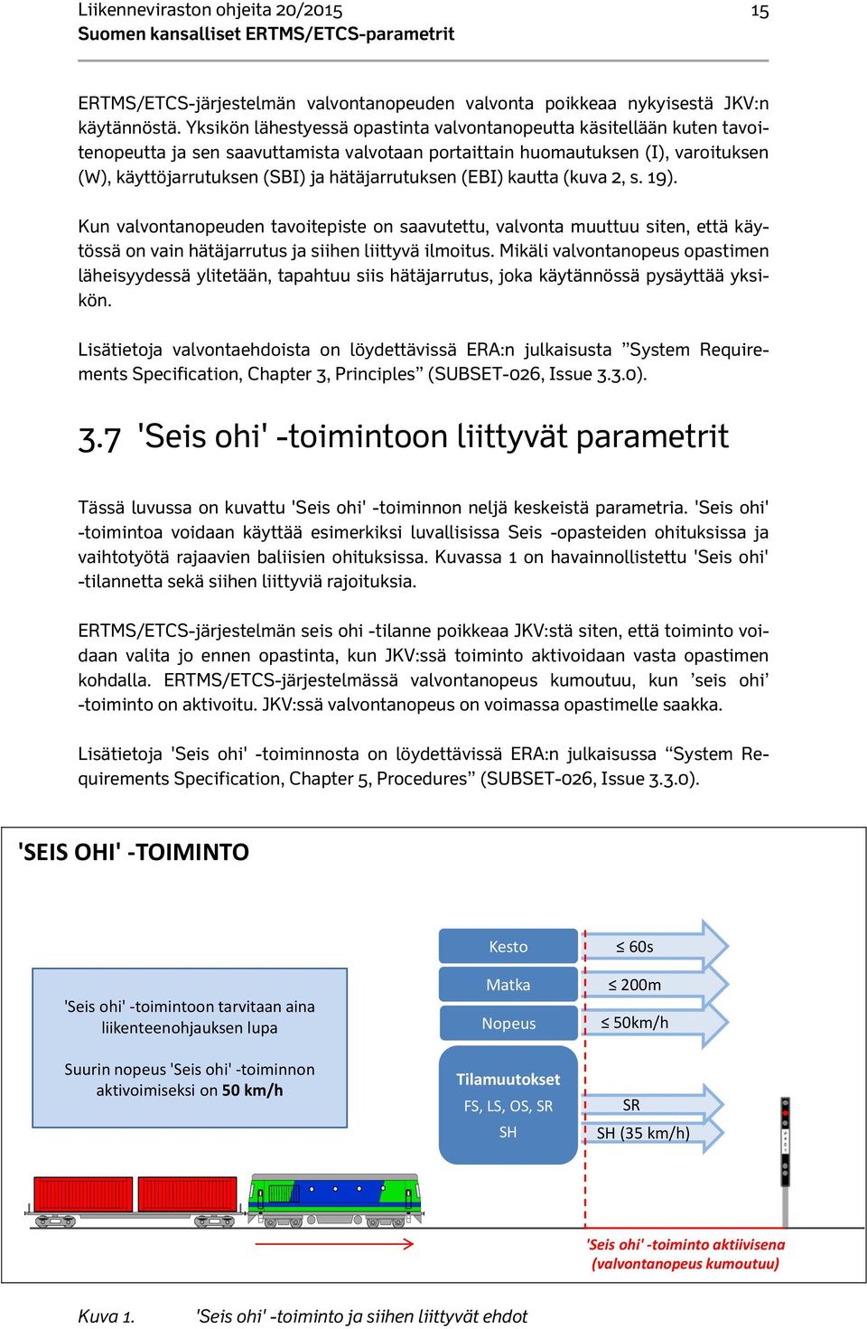 hätäjarrutuksen (EBI) kautta (kuva 2, s. 19). Kun valvontanopeuden tavoitepiste on saavutettu, valvonta muuttuu siten, että käytössä on vain hätäjarrutus ja siihen liittyvä ilmoitus.