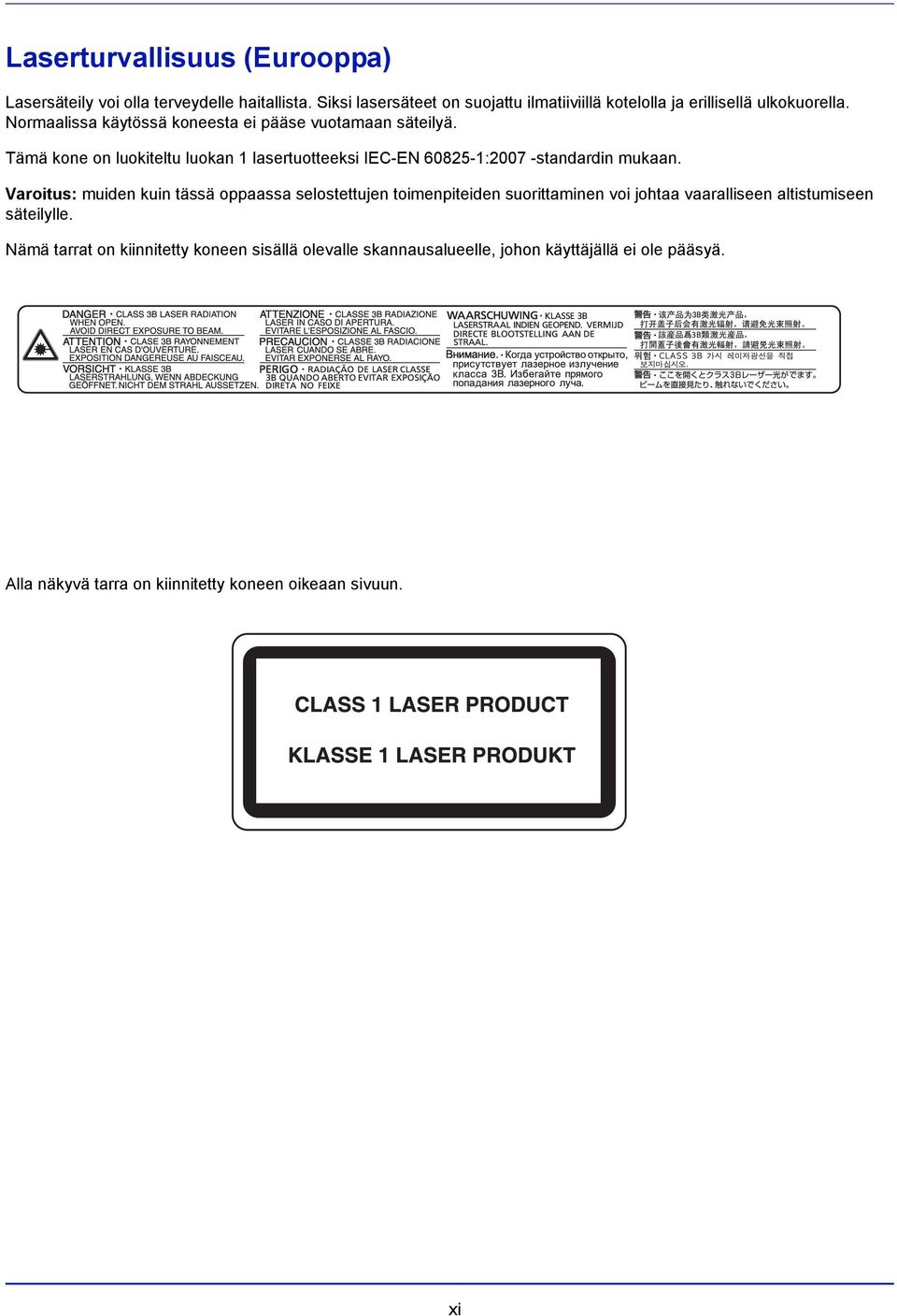 Tämä kone on luokiteltu luokan 1 lasertuotteeksi IEC-EN 60825-1:2007 -standardin mukaan.