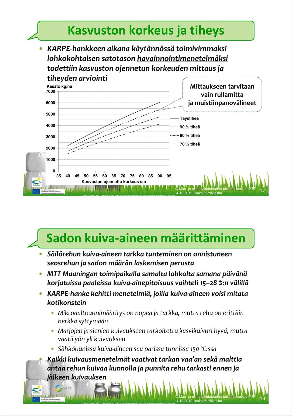 Kasvuston ojennettu korkeus cm 17 Sadon kuiva aineen määrittäminen Säilörehun kuiva aineen tarkka tunteminen on onnistuneen seosrehun ja sadon määrän laskemisen perusta MTT Maaningan toimipaikalla