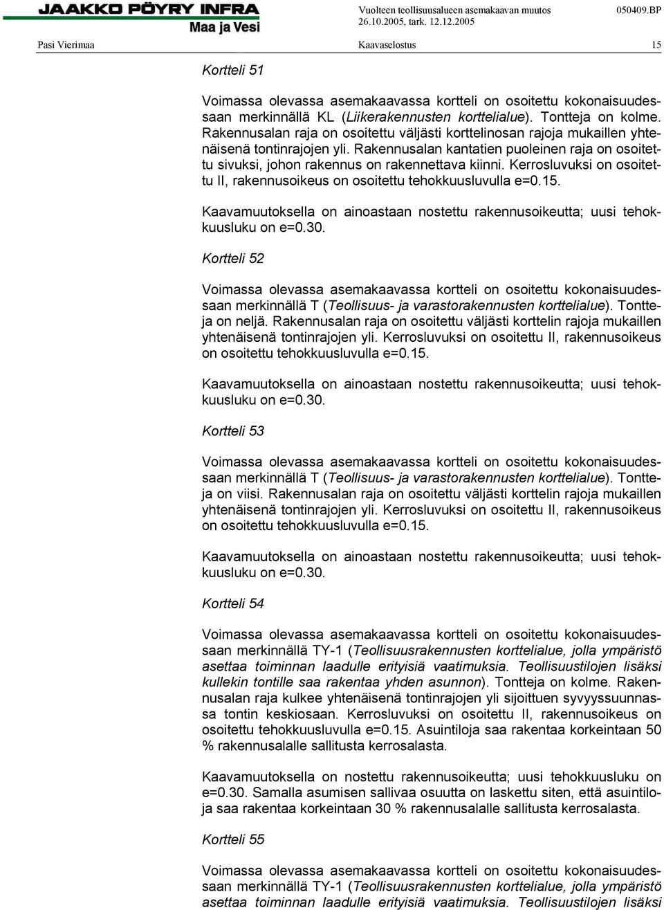 Kerrosluvuksi on osoitettu II, rakennusoikeus on osoitettu tehokkuusluvulla e=0.15. Kaavamuutoksella on ainoastaan nostettu rakennusoikeutta; uusi tehokkuusluku on e=0.30.