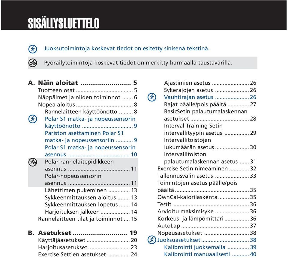 .. 9 Polar S1 matka- ja nopeussensorin asennus... 10 Polar-rannelaitepidikkeen asennus... 11 Polar-nopeussensorin asennus... 11 Lähettimen pukeminen... 13 Sykkeenmittauksen aloitus.