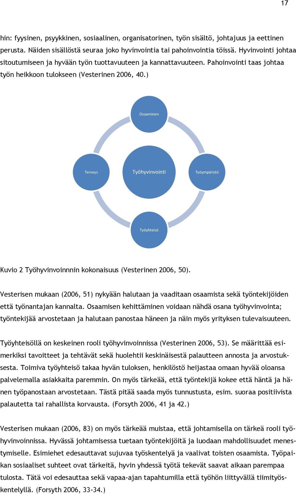 ) Osaaminen Terveys Työhyvinvointi Työympäristö Työyhteisö Kuvio 2 Työhyvinvoinnnin kokonaisuus (Vesterinen 2006, 50).