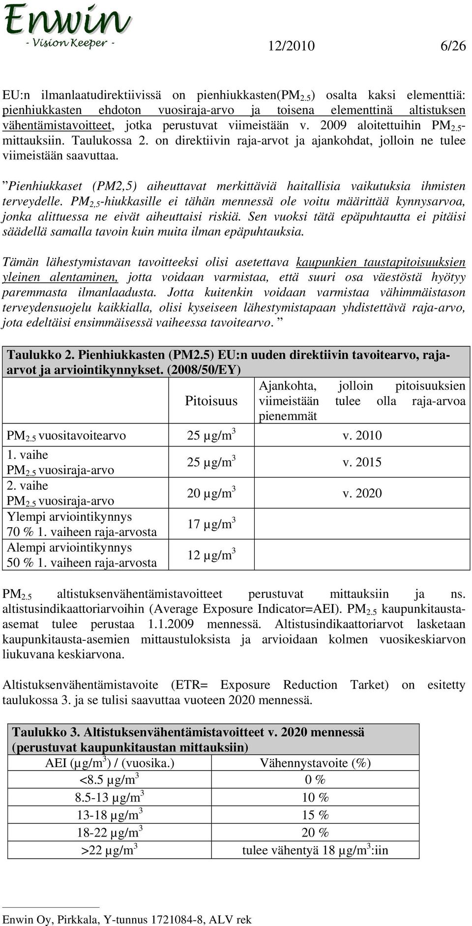 Taulukossa 2. on direktiivin raja-arvot ja ajankohdat, jolloin ne tulee viimeistään saavuttaa. Pienhiukkaset (PM2,5) aiheuttavat merkittäviä haitallisia vaikutuksia ihmisten terveydelle.