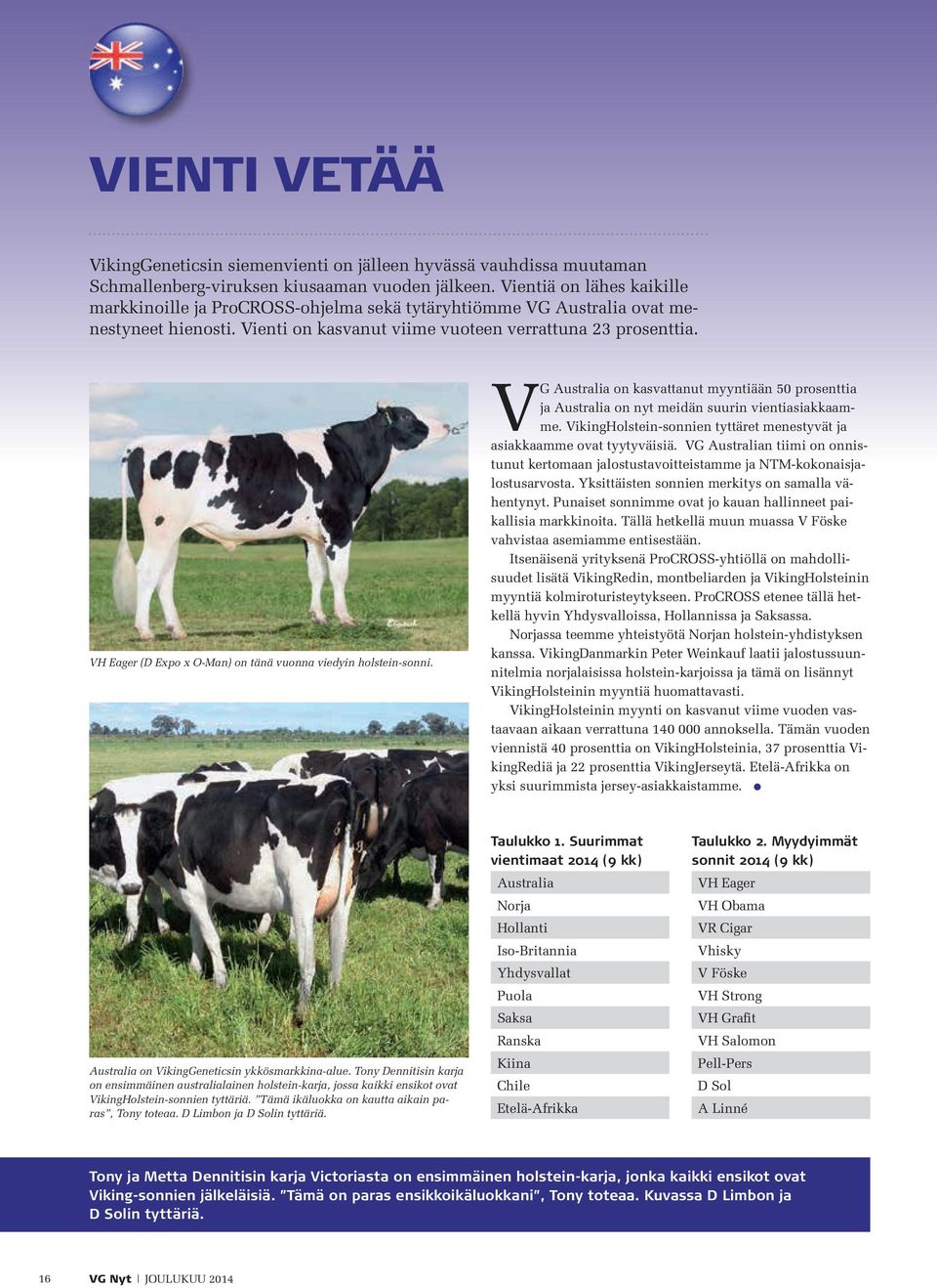 VH Eager (D Expo x O-Man) on tänä vuonna viedyin holstein-sonni. VG Australia on kasvattanut myyntiään 50 prosenttia ja Australia on nyt meidän suurin vientiasiakkaamme.