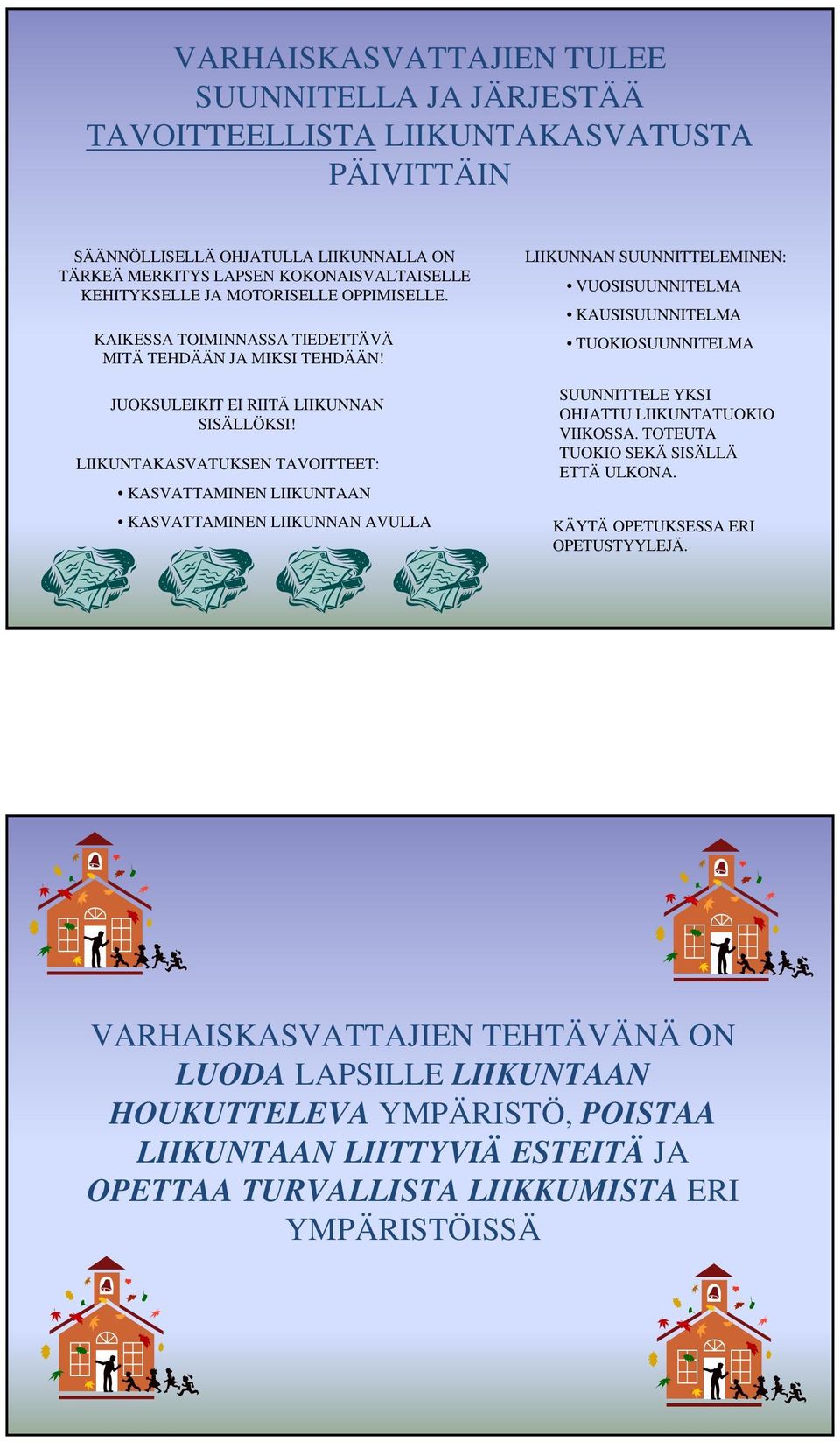 LIIKUNTAKASVATUKSEN TAVOITTEET: KASVATTAMINEN LIIKUNTAAN KASVATTAMINEN LIIKUNNAN AVULLA LIIKUNNAN SUUNNITTELEMINEN: VUOSISUUNNITELMA KAUSISUUNNITELMA TUOKIOSUUNNITELMA SUUNNITTELE YKSI OHJATTU