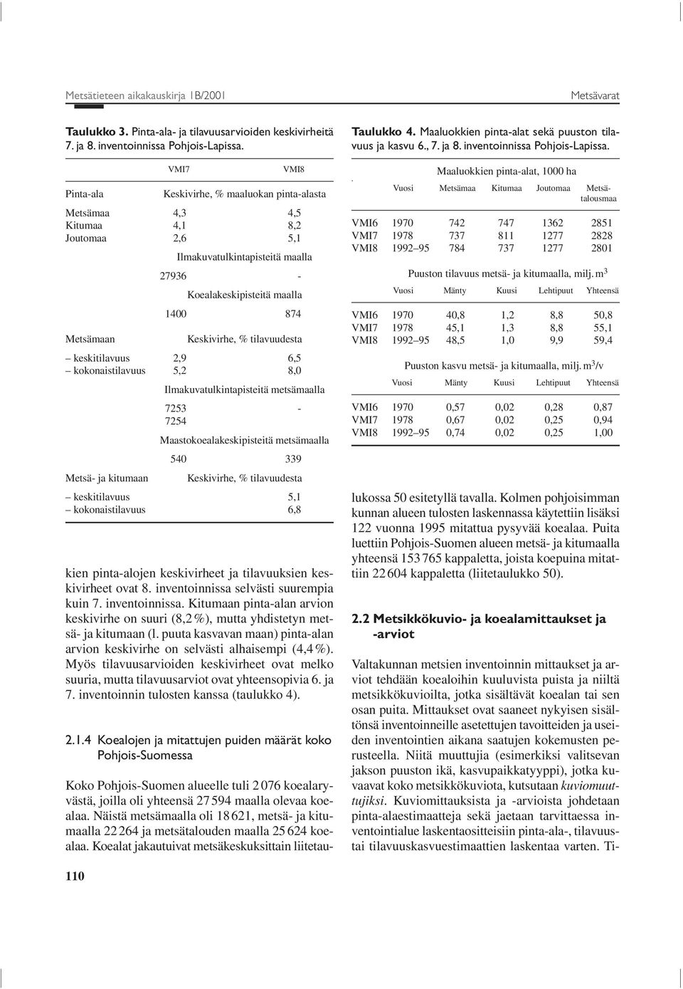 Keskivirhe, % tilavuudesta keskitilavuus 2,9 6,5 kokonaistilavuus 5,2 8,0 Ilmakuvatulkintapisteitä metsämaalla 7253-7254 Maastokoealakeskipisteitä metsämaalla 540 339 Metsä- ja kitumaan Keskivirhe, %