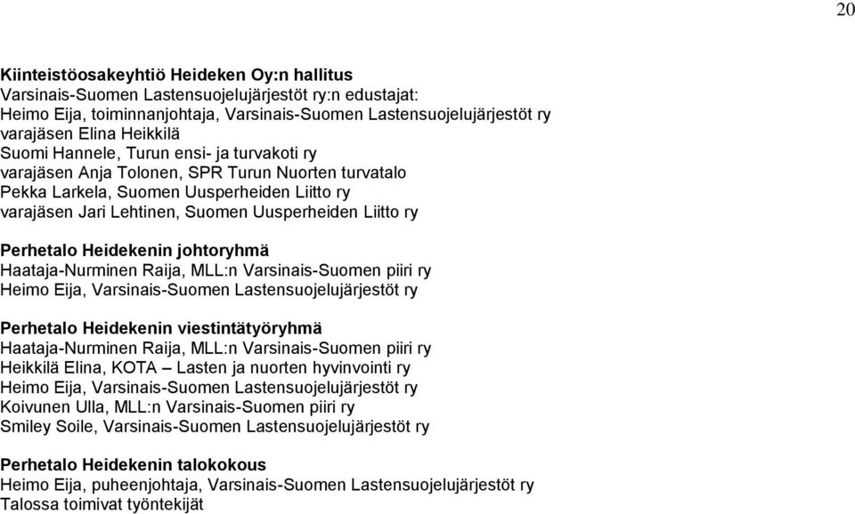 Liitto ry Perhetalo Heidekenin johtoryhmä Haataja-Nurminen Raija, MLL:n Varsinais-Suomen piiri ry Heimo Eija, Varsinais-Suomen Lastensuojelujärjestöt ry Perhetalo Heidekenin viestintätyöryhmä