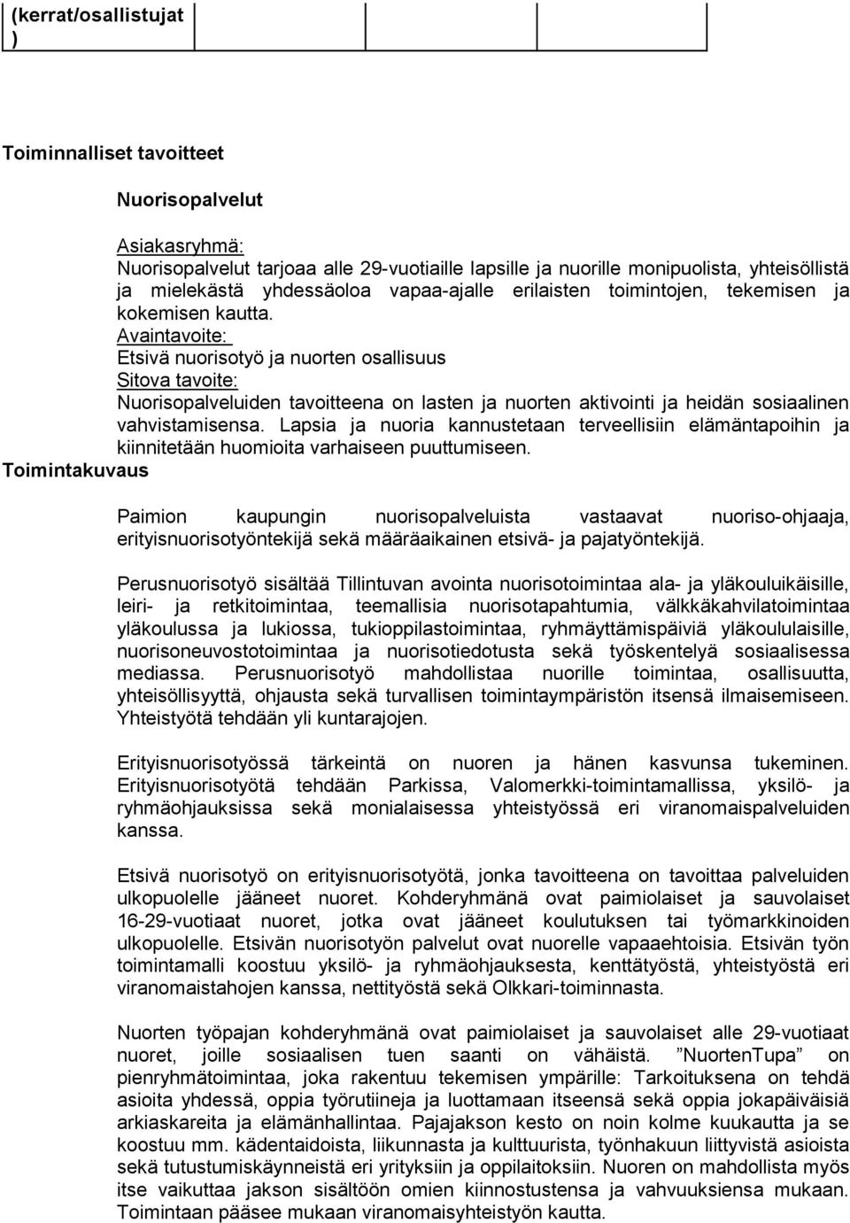 Avaintavoite: Etsivä nuorisotyö ja nuorten osallisuus Sitova tavoite: Nuorisopalveluiden tavoitteena on lasten ja nuorten aktivointi ja heidän sosiaalinen vahvistamisensa.