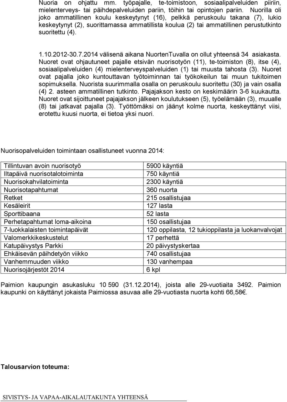 2012-30.7.2014 välisenä aikana NuortenTuvalla on ollut yhteensä 34 asiakasta.