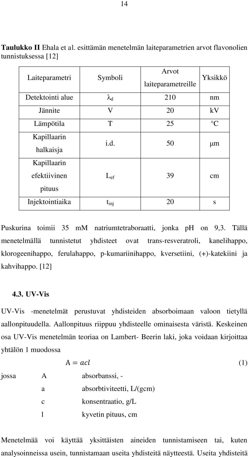 Kapillaarin halkaisja Kapillaarin efektiivinen pituus i.d. 50 μm L ef 39 cm Injektointiaika t inj 20 s Puskurina toimii 35 mm natriumtetraboraatti, jonka ph on 9,3.