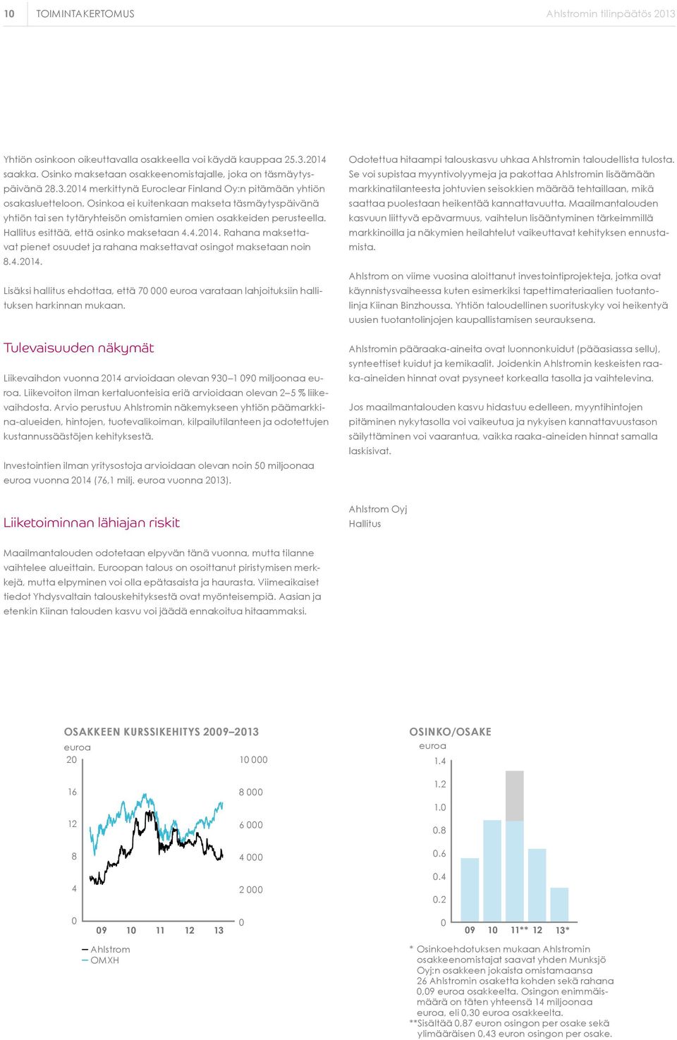 Rahana maksettavat pienet osuudet ja rahana maksettavat osingot maksetaan noin 8.4.2014. Lisäksi hallitus ehdottaa, että 70 000 euroa varataan lahjoituksiin hallituksen harkinnan mukaan.