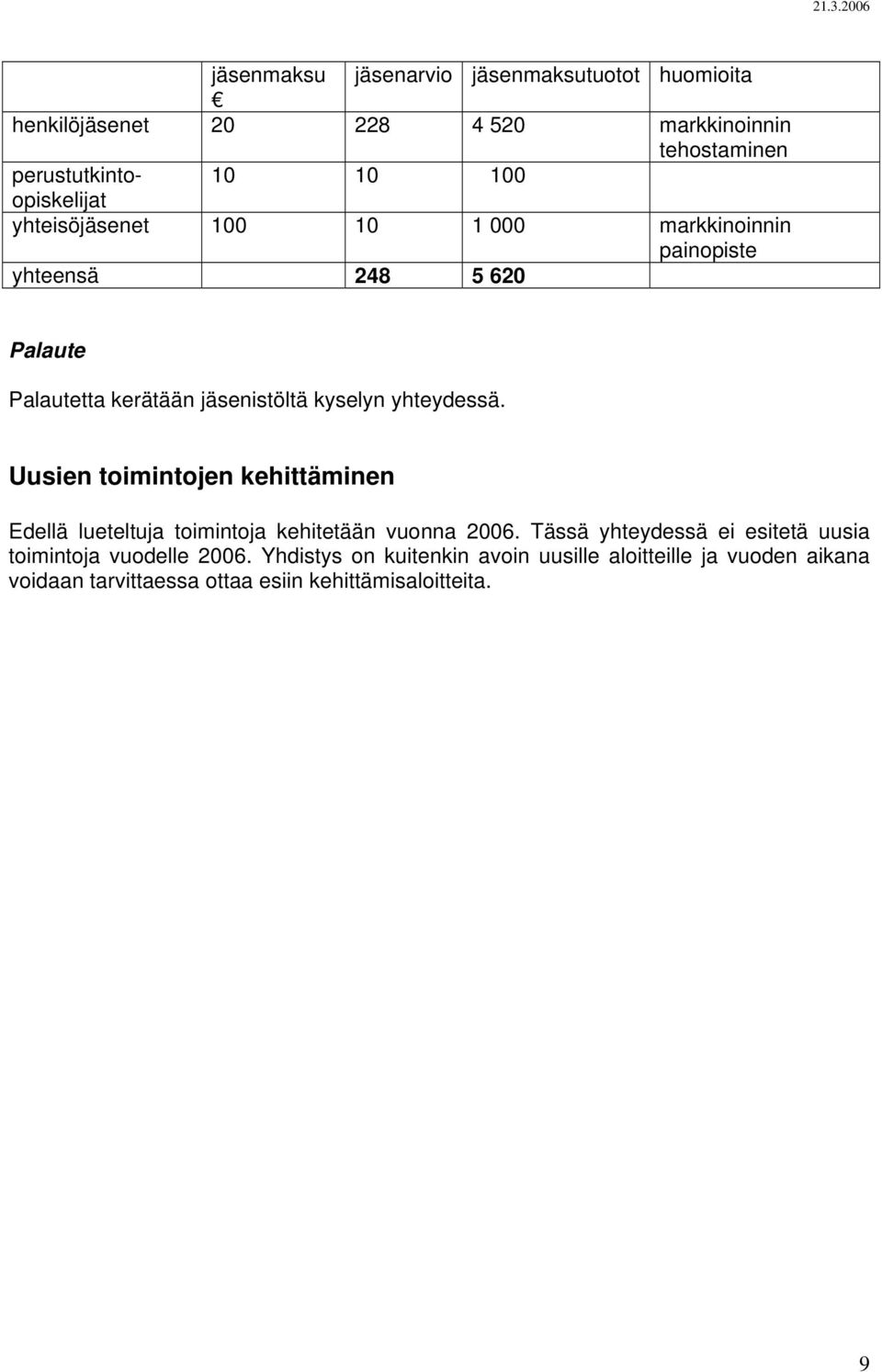 yhteydessä. Uusien toimintojen kehittäminen Edellä lueteltuja toimintoja kehitetään vuonna 2006.