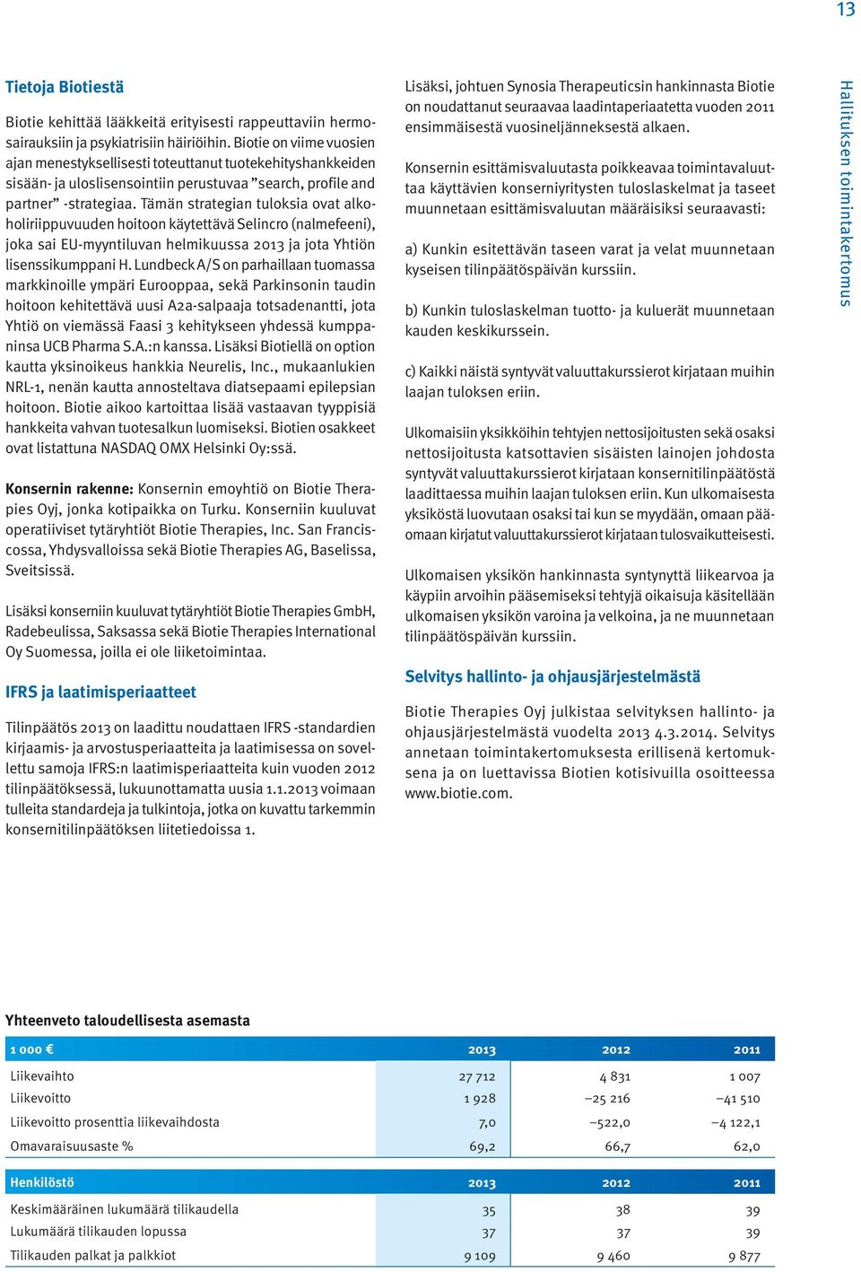 Tämän strategian tuloksia ovat alkoholiriippuvuuden hoitoon käytettävä Selincro (nalmefeeni), joka sai EU-myyntiluvan helmikuussa 2013 ja jota Yhtiön lisenssikumppani H.