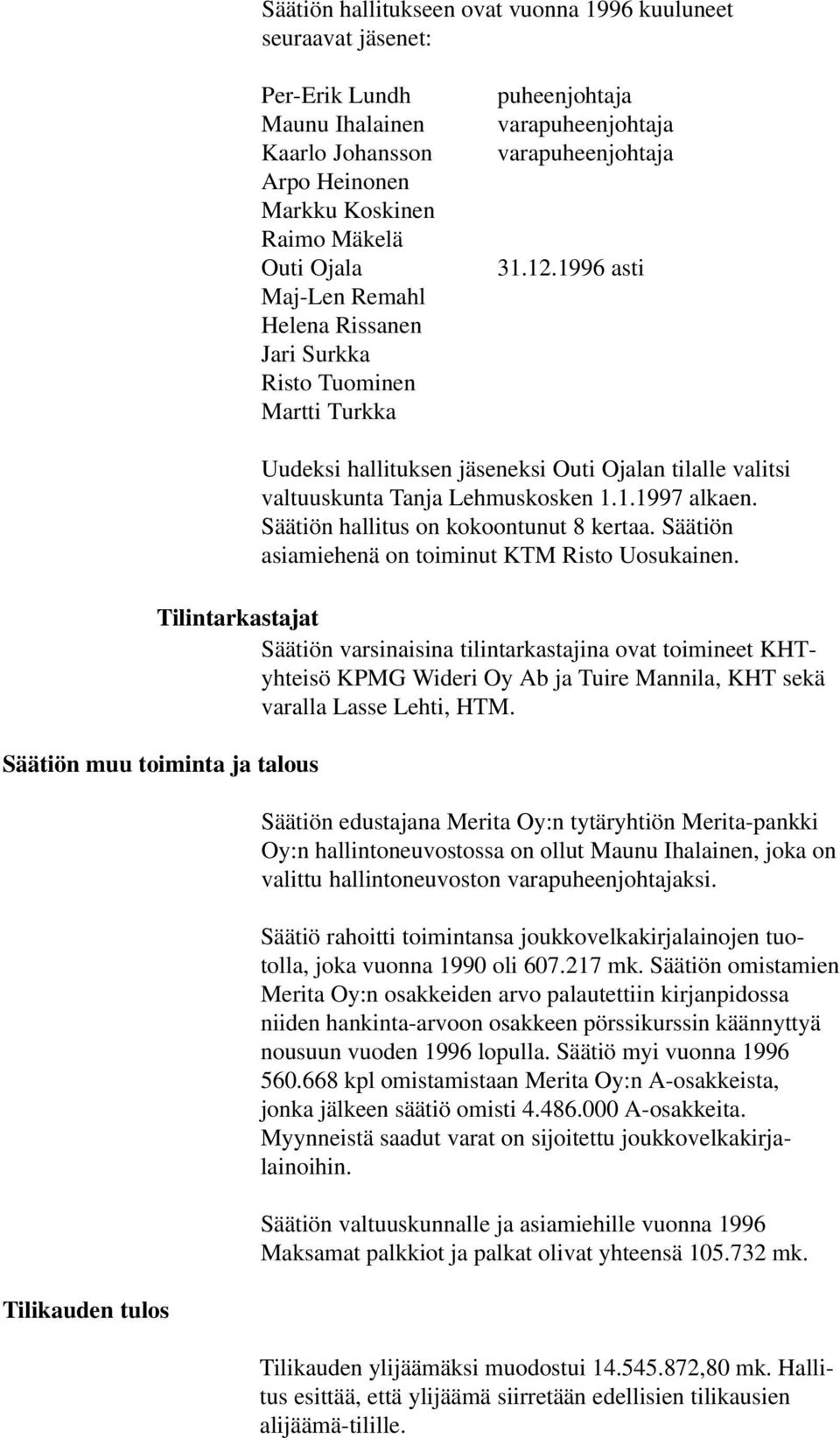 1.1997 alkaen. Säätiön hallitus on kokoontunut 8 kertaa. Säätiön asiamiehenä on toiminut KTM Risto Uosukainen.