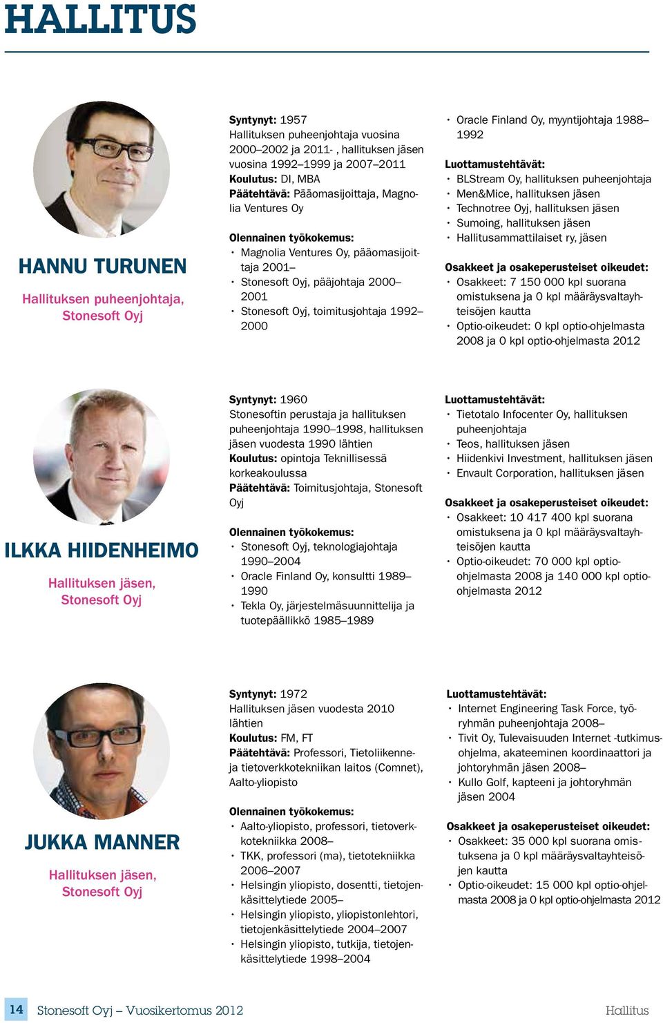 Oracle Finland Oy, myyntijohtaja 1988 1992 Luottamustehtävät: BLStream Oy, hallituksen puheenjohtaja Men&Mice, hallituksen jäsen Technotree Oyj, hallituksen jäsen Sumoing, hallituksen jäsen