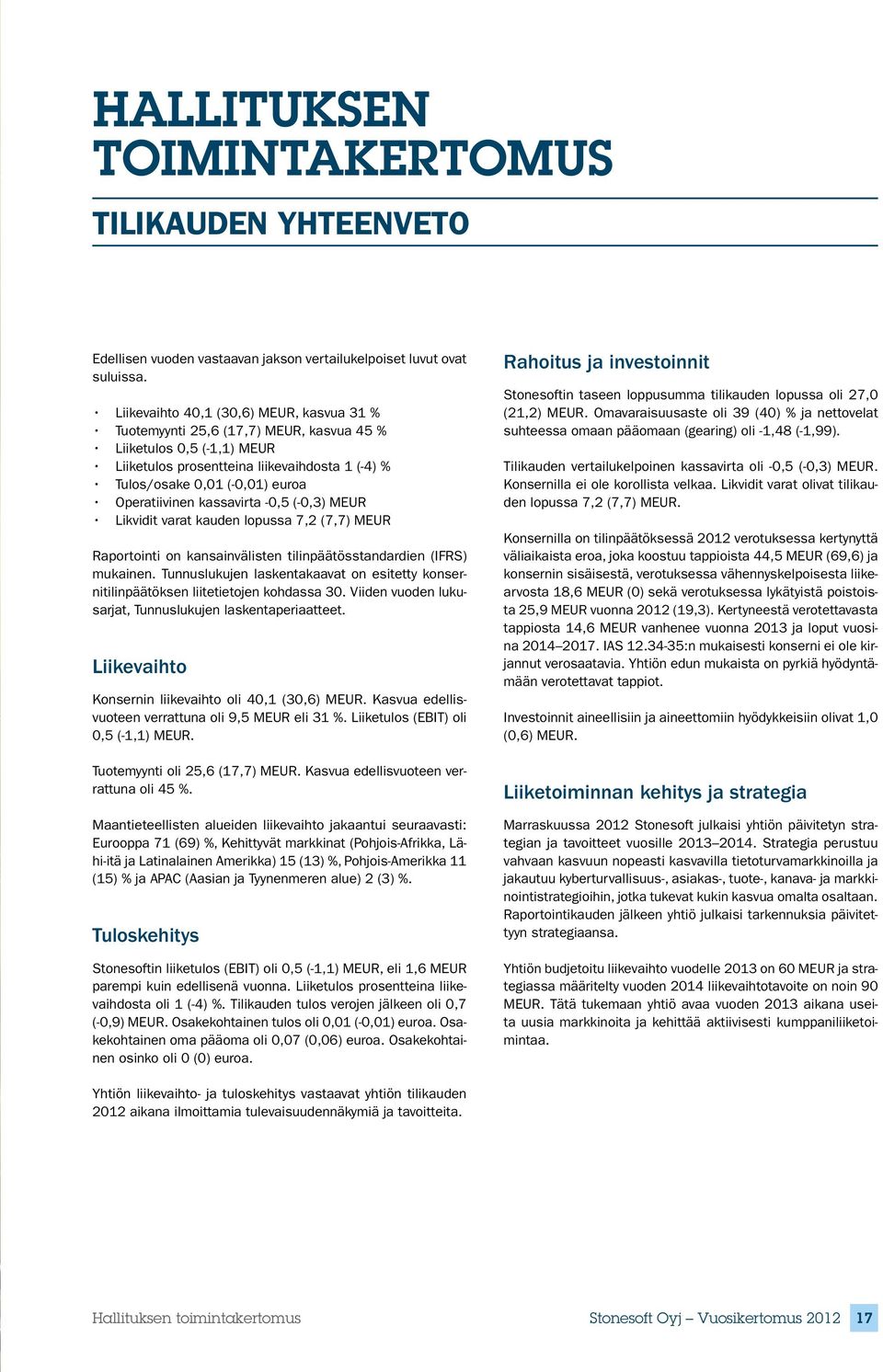 Operatiivinen kassavirta -0,5 (-0,3) MEUR Likvidit varat kauden lopussa 7,2 (7,7) MEUR Raportointi on kansainvälisten tilinpäätösstandardien (IFRS) mukainen.