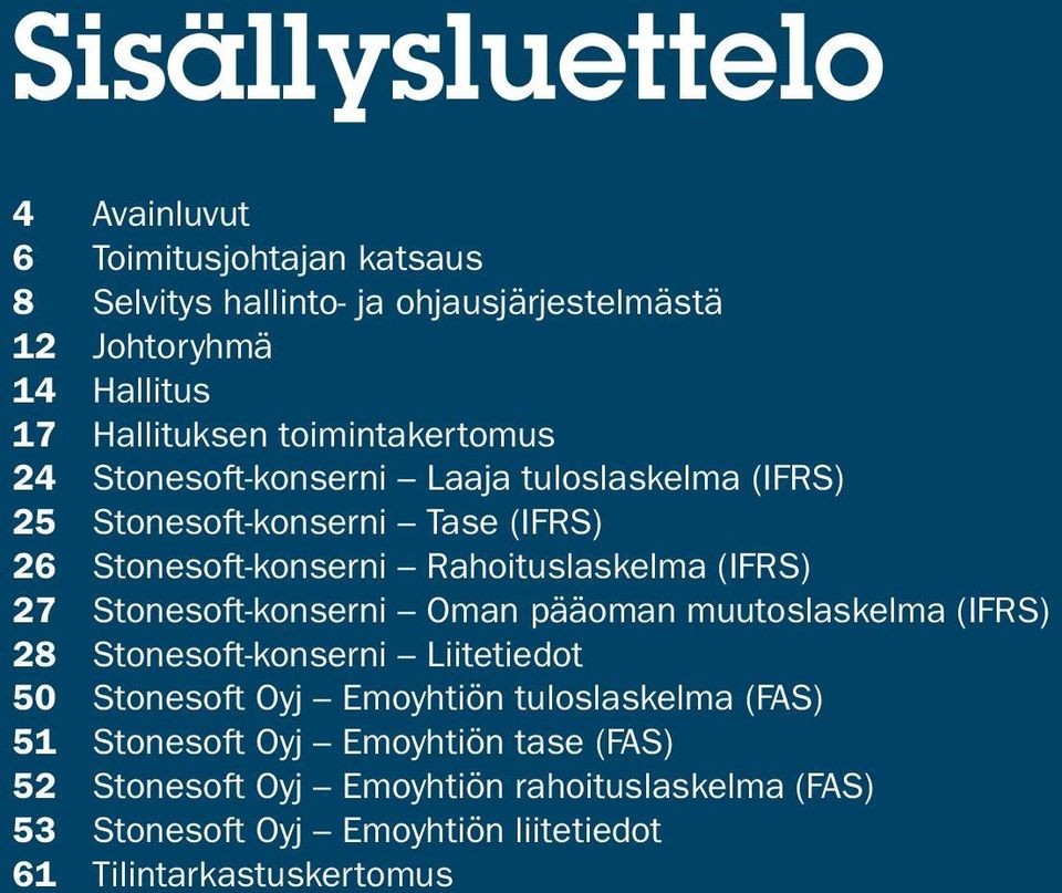 Stonesoft-konserni Oman pääoman muutoslaskelma (IFRS) 28 Stonesoft-konserni Liitetiedot 50 Stonesoft Oyj Emoyhtiön tuloslaskelma (FAS) 51 Stonesoft Oyj