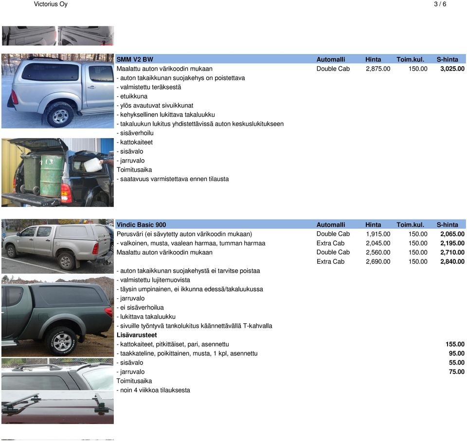 tilausta Vindic Basic 900 Automalli Hinta Toim.kul. S-hinta Perusväri (ei sävytetty auton värikoodin mukaan) Double Cab 1,915.00 150.00 2,065.