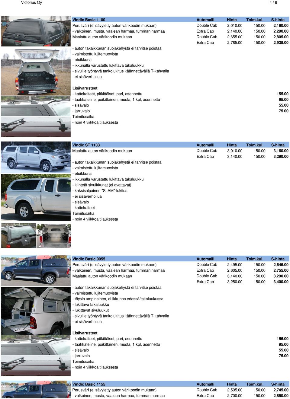 00, pitkittäiset, pari, asennettu 155.00 55.00 75.00 Vindic ST 1133 Automalli Hinta Toim.kul. S-hinta Maalattu auton värikoodin mukaan Double Cab 3,010.00 150.00 3,160.00 Extra Cab 3,140.00 150.00 3,290.