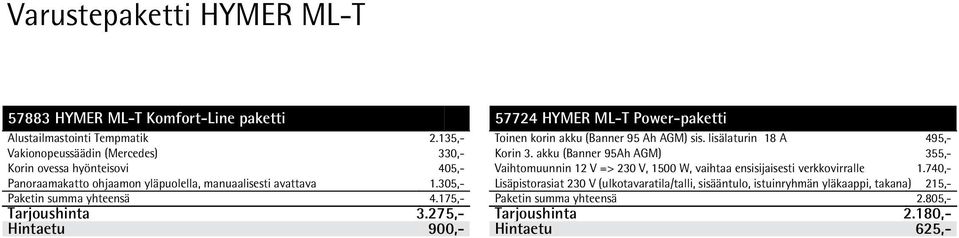 175,- Tarjoushinta Hintaetu 3.275,- 900,- 57724 HYMER ML-T Power-paketti Toinen korin akku (Banner 95 Ah AGM) sis. lisälaturin 18 A 495,- Korin 3.