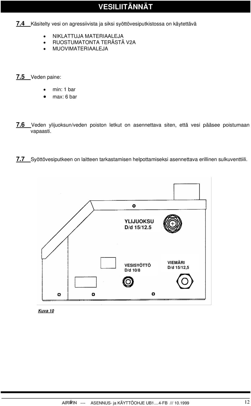 MUOVIMATERIAALEJA 7.5 Veden paine: min: 1 bar max: 6 bar 7.