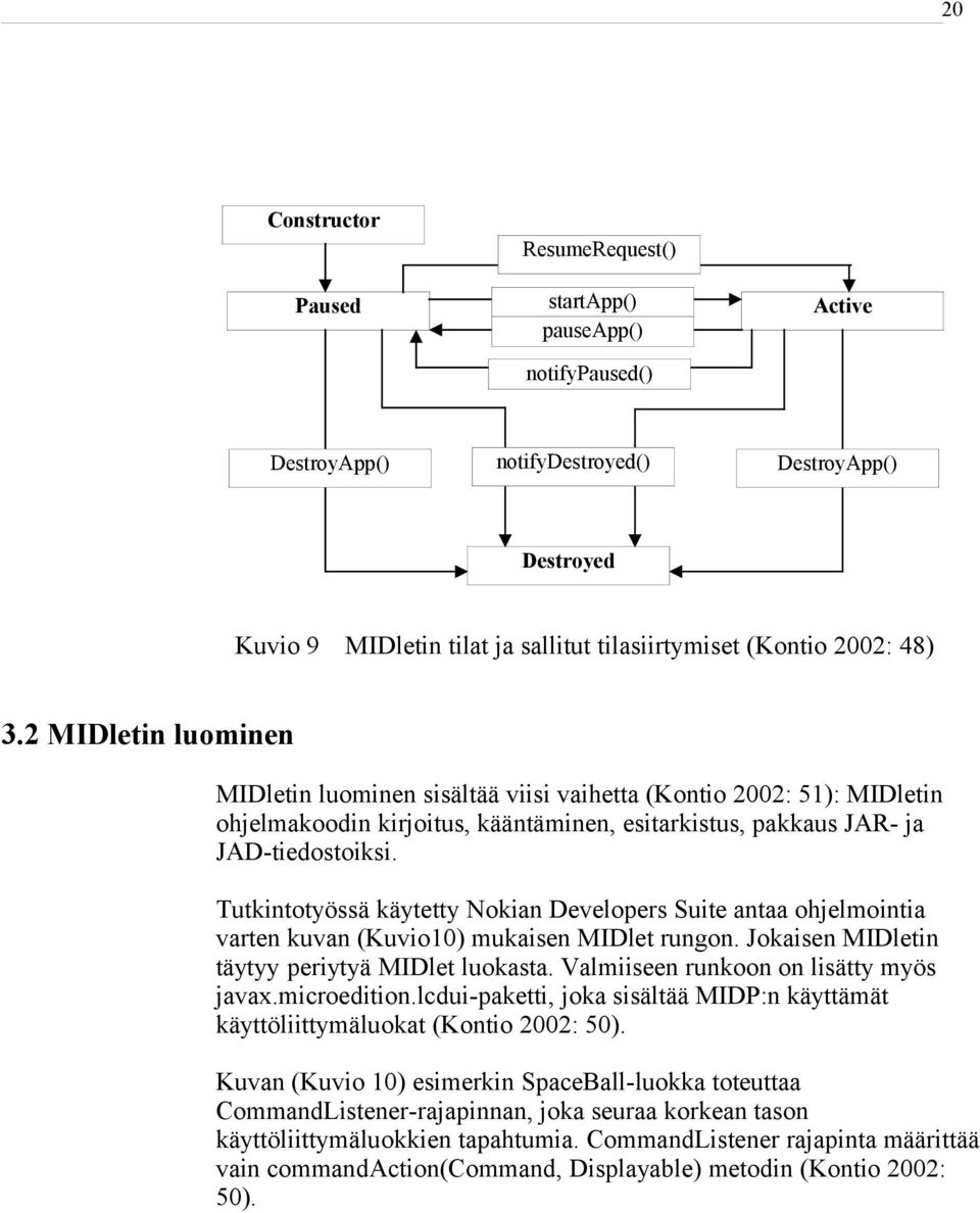 Tutkintotyössä käytetty Nokian Developers Suite antaa ohjelmointia varten kuvan (Kuvio10) mukaisen MIDlet rungon. Jokaisen MIDletin täytyy periytyä MIDlet luokasta.