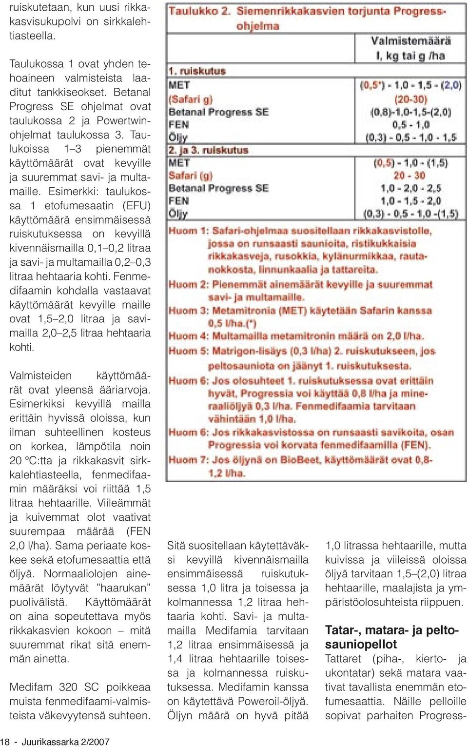 Esimerkki: taulukossa 1 etofumesaatin (EFU) käyttömäärä ensimmäisessä ruiskutuksessa on kevyillä kivennäismailla 0,1 0,2 litraa ja savi- ja multamailla 0,2 0,3 litraa hehtaaria kohti.