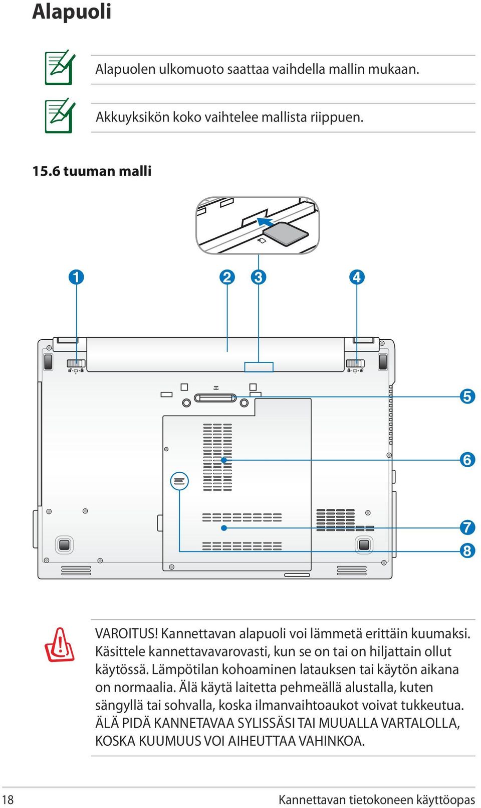 Käsittele kannettavavarovasti, kun se on tai on hiljattain ollut käytössä. Lämpötilan kohoaminen latauksen tai käytön aikana on normaalia.