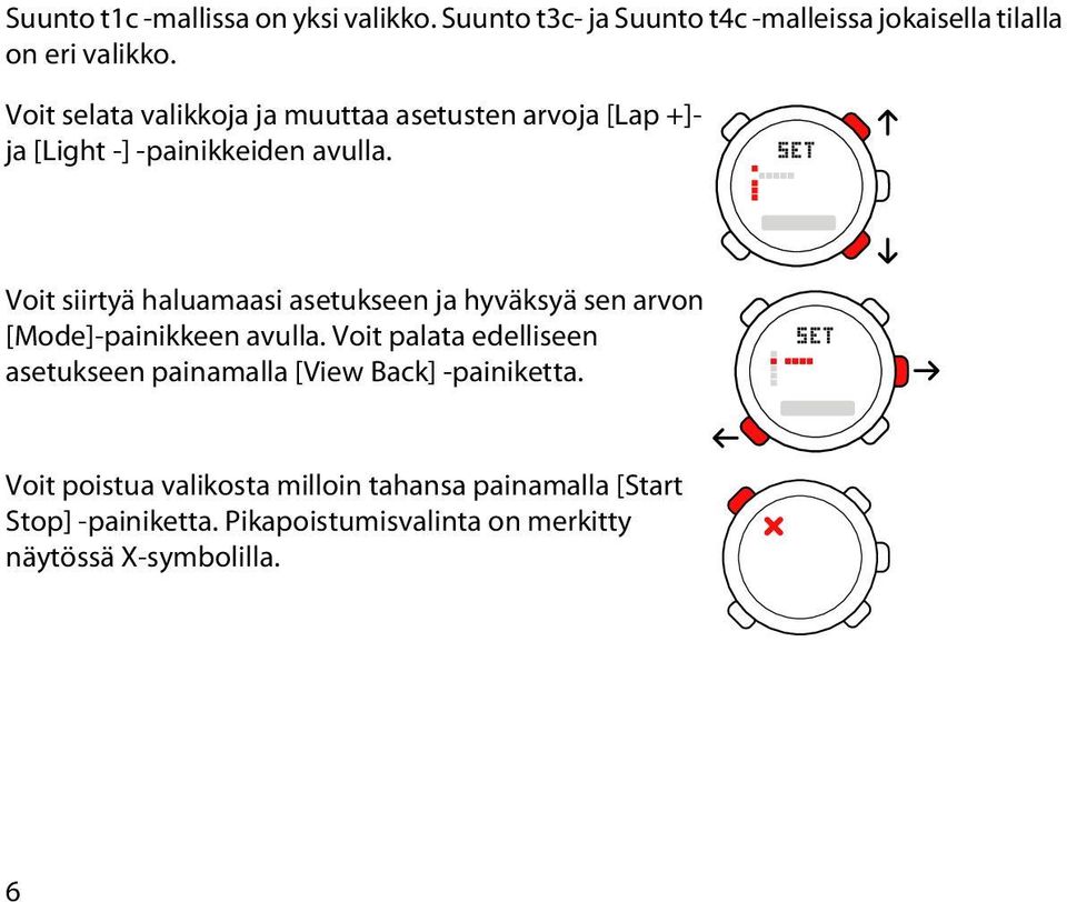 Voit siirtyä haluamaasi asetukseen ja hyväksyä sen arvon [Mode]-painikkeen avulla.