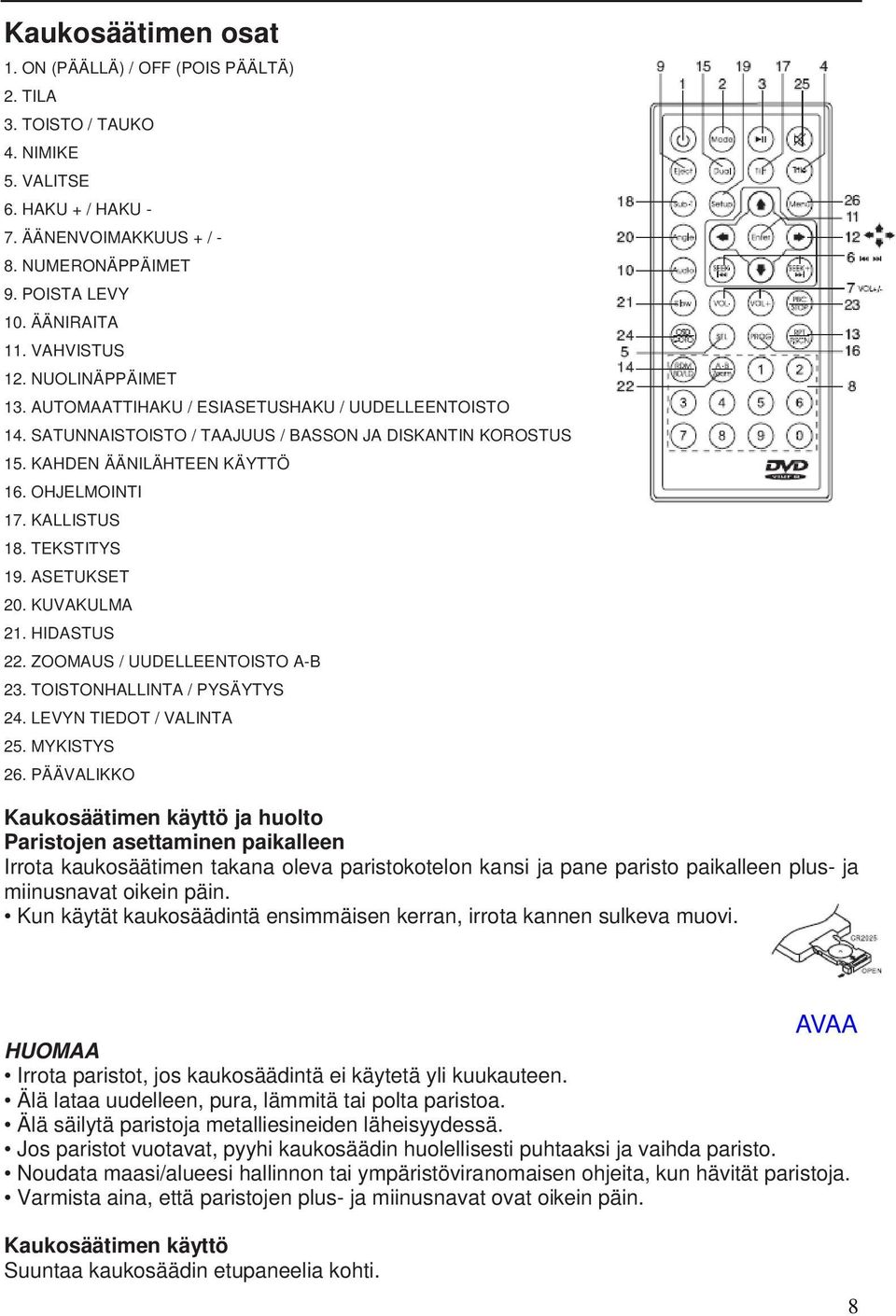 KALLISTUS 18. TEKSTITYS 19. ASETUKSET 20. KUVAKULMA 21. HIDASTUS 22. ZOOMAUS / UUDELLEENTOISTO A-B 23. TOISTONHALLINTA / PYSÄYTYS 24. LEVYN TIEDOT / VALINTA 25. MYKISTYS 26.